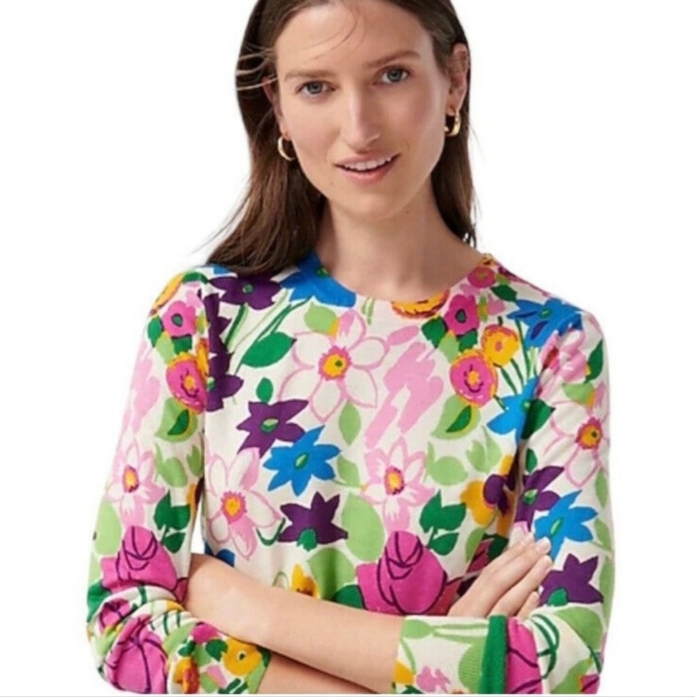 J. Crew Floral Pullover Merino Wool Sweater Size Small Crewneck - Picture 1 of 12